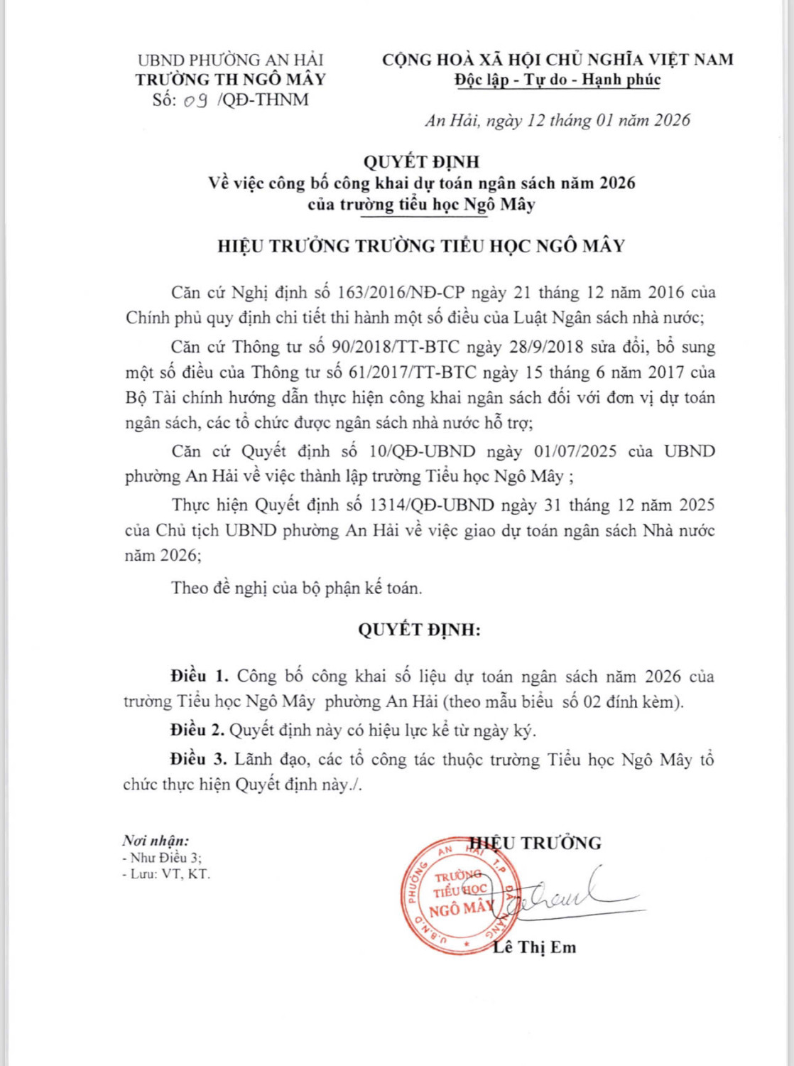 Công khai dự toán ngân sách năm 2026 của Trường Tiểu học Ngô Mây